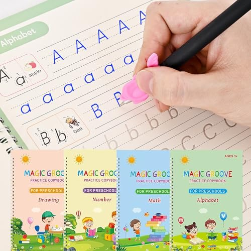 Magic Grooved Writing Practice for Kids, Reusable Grooved Handwriting Workbook with Disappearing Ink Pen, Preschool Learning Activities, Learn to Write Tracing Book, Educational Toy Gift for Boys Girls