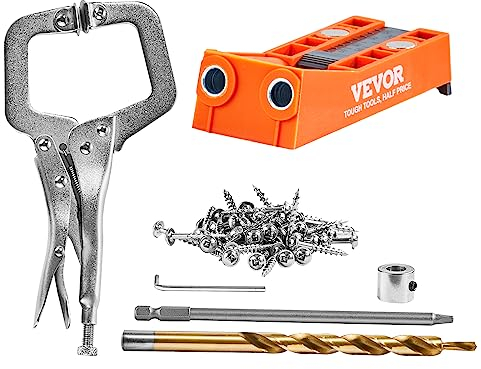 VEVOR 50 tlg. Pocket Hole Jig Kit Doppeltaschenloch mit Vierkantantriebsbit & C-Klemmen, Dübelhilfe Bohrlehre zum Bohren von Taschenlöchern und Schräglöchern, Bohrhilfe für Holzbearbeitung