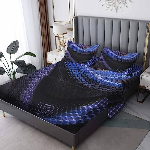 Snake Sheets Queen Size, Snakeskin Scary Bed Sheets, Patterned Bedding Sheets & Pillowcases 4 Piece Set - Soft Microfiber Deep Pocket Fitted Sheet & Flat Sheet & 2 Pillow Cases K8-&-278