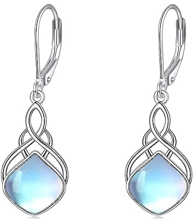 Mondstein Ohrringe für Damen und Mädchen Sterling Silber irischer keltischer Knoten Baumelnde Lange Tropfenförmige Leverback Ohrringe Schmuck Geschenke