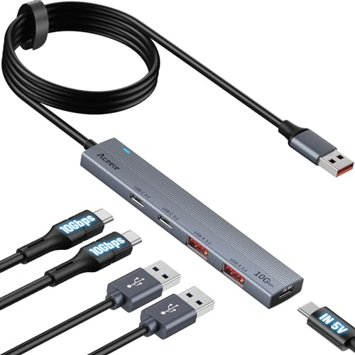 Aceele USB 3.2 Gen 2-hubb med 2 USB-A-portar och 2 USB-C-portar och USB C-strömförsörjningsport (kan bara ladda HUB), USB-hubb 10 Gbps med 120 cm kabel, lämplig för bärbar dator, stationär PC, Mac och