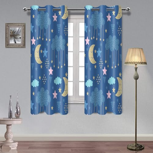 AHBEWIN CLXPAH967 Cartoon-Vorhänge für Kinder, Mond, Sternenhimmel, gute Nacht, niedlich, blau, Fenstervorhänge für Kinderzimmer, Jungen, Mädchen, Baby, Schlafzimmer, Wolken, Druck, verträumter