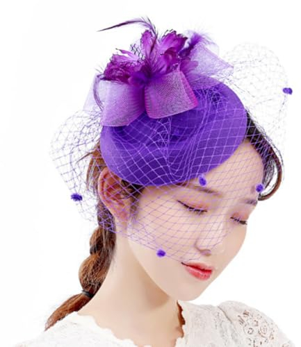 Wambere Damen Fascinator Hut,Vintage Schleier Mesh Federn Blume Clip Stirnband,Fascinator Braut Kopfschmuck,für Frauen und Mädchen für Hochzeit Cocktail Tee Party Kirche Karneval Cosplay,Lila