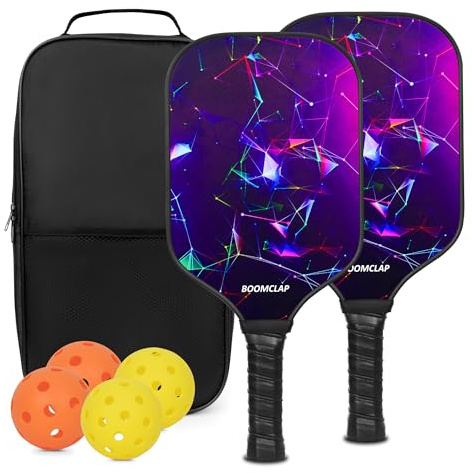 BOOMCLAP Pickleball-Paddel 2er-Set – Fiberglas-Oberfläche, komplett mit 2 Schlägern, 4 Bällen und tragbarer Tragetasche – ideal für Männer und Frauen