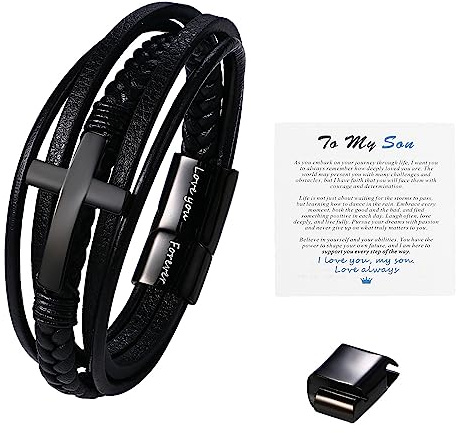 OIDEA Bracciale Uomo Pelle Croce Acciaio: Nero Cuoio Braccialetto 21cm Crocifisso Regolabile Fibbia Intrecciato Regalo Ragazzo Figlio con Biglietto d'Auguri Battesimo
