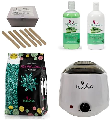 Dermawax Profi Waxing Set zur Haarentfernung 1000 ml Wachswärmer Made in Spanien 1 kg Azulen Wachsperlen 500ml Aloe Vera Vorbehandlungslotion 500ml Aloe Vera Nachbehandlungsmilch 200 Stück Holzspatel