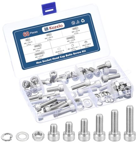 Kozelo 60 Stück M8 Innensechskant-Zylinderkopfschrauben Muttern Sortiment Kit - [M8x10/12/16/20/25/30mm] 304 Edelstahl Allen Sechskant-Antrieb für 3D-Drucker | Innensechskant Sortiment Kit - 304 Edelstahl Innensechskantschraube für 3D-Drucker