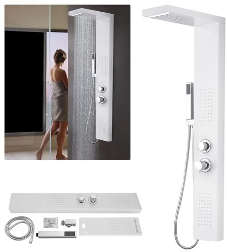 UISEBRT Pannello doccia in acciaio inox spazzolato, sistema doccia ad angolo, colonna doccia, 4 funzioni, set doccia con doccia a pioggia, ugelli massaggianti, doccetta e beccuccio per vasca da bagno