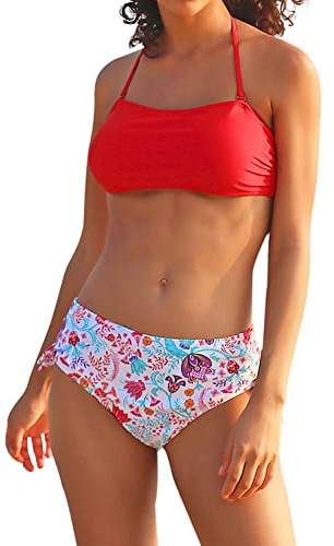 SHEKINI Women's Bikini Sets Back Tie Knotted Swimsuit Halter Padded Strapless Bandeau Top Bottom with Tummy Control Two Piece Bathing Suit