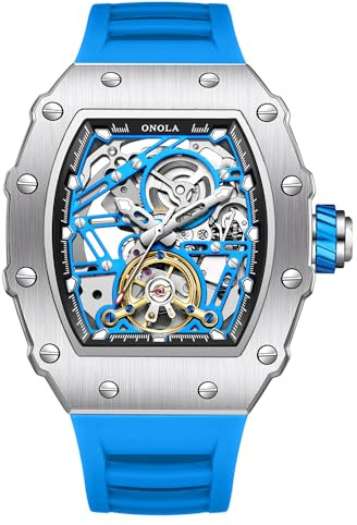 DAXIAOYU Mode Tonneau silikonrem helautomatiska klockor för män urholkade roder svänghjul mekanisk klocka Tourbillon skelett vattentät armbandsur, Silver Blå, Lyx