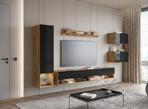 MINIO go for it - Hängend Wohnwand 4-Teilig Set Amy, mit LED Beleuchtung | Wandschrank, Laminierte Spannplatte, Farbe: Wotan Eiche / Schwarz glänzend
