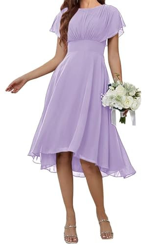 KURFACE Kurzes Brautjungfernkleid für Damen, mit Ärmeln, Chiffon, knielang, formelles Abendkleid, Flieder, 38