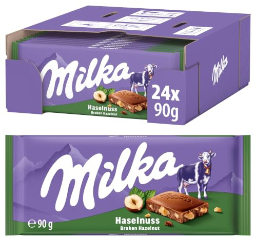 Milka Haselnuss Tafelschokolade, 90 g (24er-Pack) | Leckere und zartschmelzende Milka Alpenmilchschokolade mit Haselnussstückchen