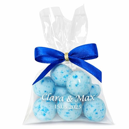 EinsSein personalisierte Gastgeschenke Hochzeit, Taufe, Babyshower 10 Stück mit Crispy-Schokokugeln weiss-blau splashed schon fertig gefüllt - Bonboniere Kommunion Konfirmation Babyparty