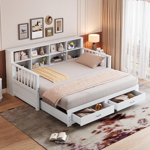 Ausziehbares Massivholz-Schlafsofa 90/180x190 cm, Kinderbett Tagesbett mit 2 Schubladen, Ladesteckdose und Stauschrank, Holzbett Daybett Jugendbett Funktionsbett mit Lattenrost, Ohne Matratze, Weiß