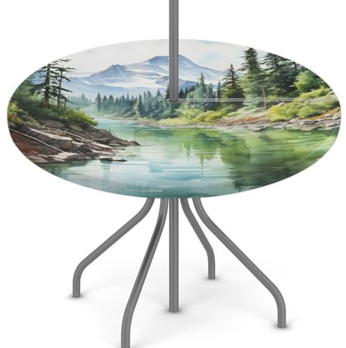 Woltant Nappe ronde avec trou de parasol et fermeture éclair facile à nettoyer avec bords élastiques - Protection de table d'extérieur pour jardin, terrasse, barbecue (forêt de montagne)