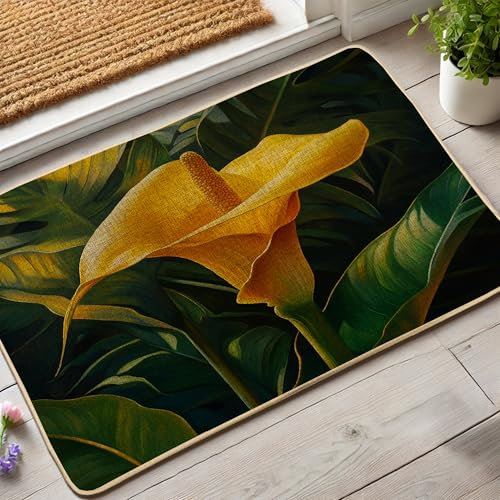 Felpudo amarillo de lirio cala, tapete floral para puerta delantera para interiores y exteriores, decoración de primavera, goma impermeable, antideslizante, fácil de limpiar, 73 x 43 cm