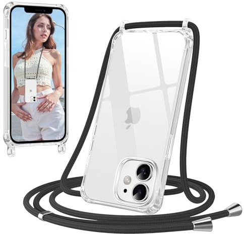 Jrkvniv Handyband für iPhone 12/12 Pro Hülle mit Band, Silikon Necklace Handyhülle mit zum Umhängen Kordel, Transparent Case mit Einstellbar Abnehmbar Kette Schnur, Stoßfest TPU Schutzhülle, Schwarz