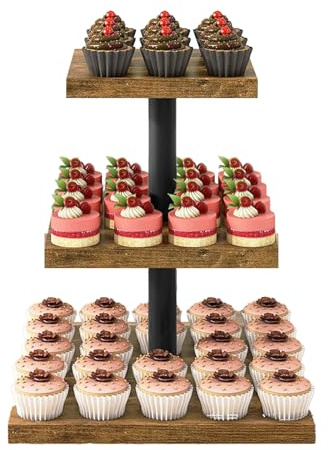 SOONHUA Wooden Cupcake Stand, 3 Tier Serving Tray, Wood Layered Cake Rack | Square Serving Platters for Wedding Display Party, Cookie Fruit Dessert Tray