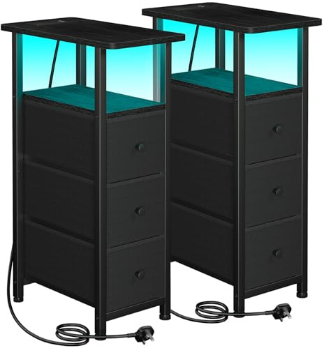 LOAKEKEL Slim Bedside Table Set of 2 with Charging Station, Narrow Side Table with LED Lights, Small Sofa Table with 3 Fabric Drawers, Nightstand for Small Spaces, Living Room, Black UHETNDP03LBK