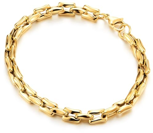 COOLSTEELANDBEYOND Pulsera Cadena Eslabón Acero Dorado Hombre Eslabones Rectangulares Pulidos Biker Punk Fuerte