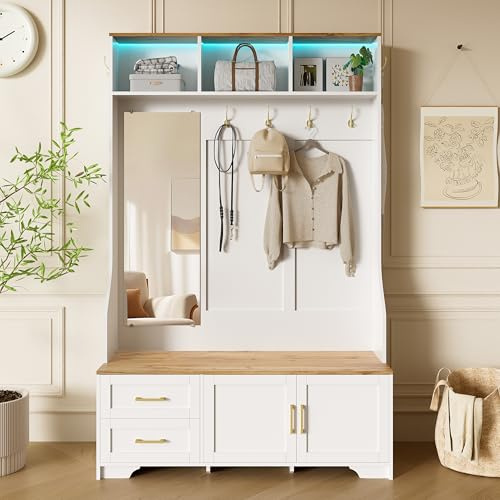 Merax Garderobenschrank 187 x 120 x 40 cm, mit LED-Beleuchtung, Spiegel, Haken und Schubladen, moderner Flur- & Schuhschrank mit Sitzfläche und Stauraum, Weiß & Holzfarbe