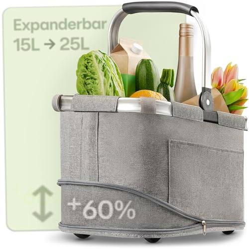 Praknu Hopfällbar Shoppingkorg Liten – 2 i 1 Utbyggbar från 15L till 25L – Tvättbart Tyg – Stabil med Aluminiumram & Förstärkt Botten – Extra Fickor invändigt & utvändigt (Grå)
