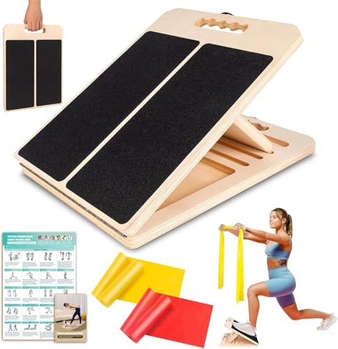 Slant Board, Portable Wooden Stretch Mobility Board for Calf Stretcher | Adjustable Stretch Board with Training Poster & 2 TPE Bands, 300lb Weight Capacity Calf Stretch Wedge
