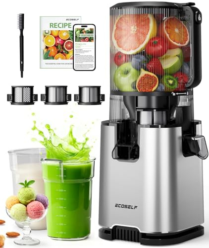 ECOSELF Juicer Machines with 3 Filters (For Juice/Sorbet/Nut Milk), Slow Masticating Juicer With 6.0 Wide Mouth Hopper for Vegetables & Fruits, Self Feeding, Juicer for Family Party, With Brush