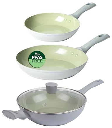 Salter Earth 3-Piece Frying Pan & Wok Set – Includes 20/24 cm Frying Pan & 28 cm Wok with Glass Lid, Healthy Ceramic Non-Stick Coating, PFAS-Free Induction Cookware, Easy Clean, PFOA/PTFE-Free, Green | Ceramic Non Stick Coating, Forged Aluminium, Glass Lid Included, Induction And All Hobs, Soft Touch Cool Handle