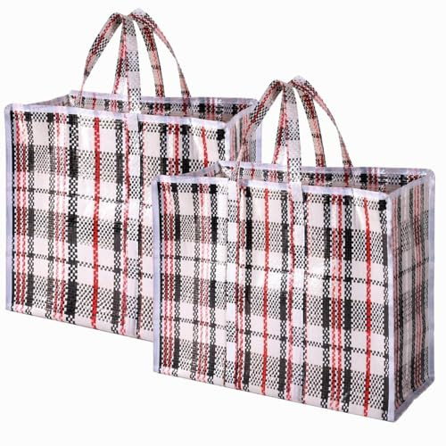 OTHERWISETRIVIAL Grand sac à provisions réutilisable avec fermeture éclair - 2 pièces - Plastique - Motif à carreaux - 45 x 40 x 18 cm - 2 sacs polyvalents résistants pour le shopping, le déménagement