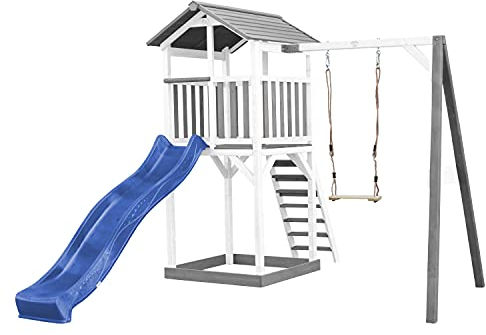 AXI Beach Tower Wooden Play Tower in Grey and White | Play tower with sandpit, swing and blue slide | Play house on stilts for the garden