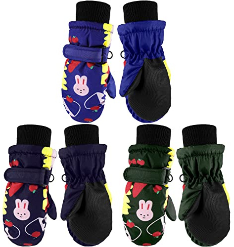 Geyoga 3 Pares Manoplas de Invierno de Esquí de Niños Manoplas Impermeables a Prueba de Viento (Verde, Azul, Azul Marino, 3-6 años)
