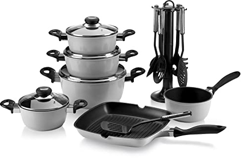 Krüger Aluguss-Set 17-teilig - antihaft-versiegeltes Topf- und Pfannenset mit Küchenhelfer - hohe Hitzebeständigkeit und langanhaltende Wärmespeicherung (Grau)