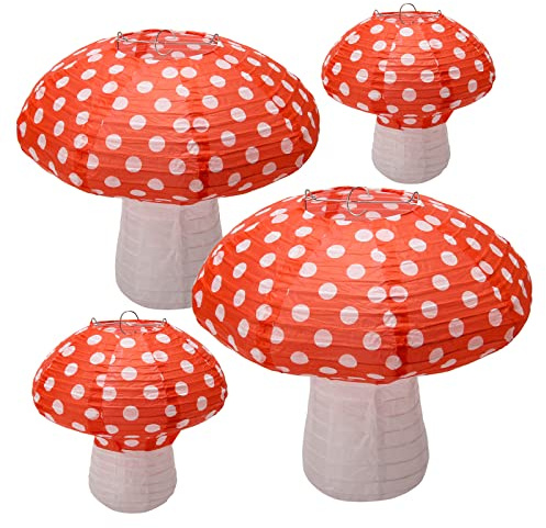 4Pcs Mushroom Shaped Paper Lanterns, Windspeed Large Paper Lantern Mushroom Shaped Paper Lantern for Nursery Garden Christmas Halloween Party Decoration 8 inch, 12 inch(Orange)