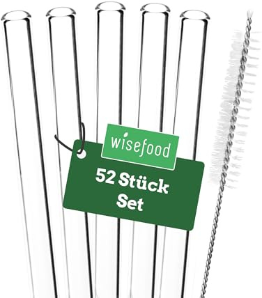 Wisefood® Glasstrohhalme Strohhalme Ø 8 mm [50 Stk.] wiederverwendbare Strohhalme Glas mit 2 x Strohhalm Bürste [klar] Trinkhalme Glas mit Strohhalm [Size 21,5cm] Straws lang | Glasstrohhalm kurz