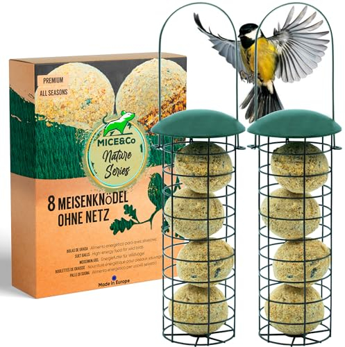 Mice&Co Vogelfutterhaus mit Meisenknödel – Futterstation für Wildvogel – Meisenknödelhalter zum Aufhängen Outdoor Knödelhalter I Pack 2 Vogelfutterhaus und 16 Knödel