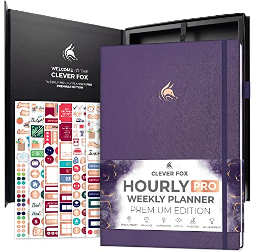 Clever Fox Stundenplaner PRO Premium – undatierter Terminplaner mit täglichen Zeitschlitzen – persönliches Organizer-Notizbuch für Zeitmanagement – Wochen- und Monatstagebuch, A4-Größe (Lila)