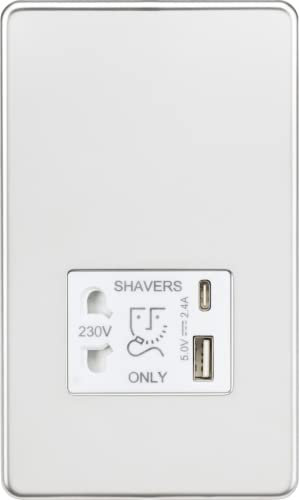 Knightsbridge Screwless Shaver Socket with Dual USB A+C (5V DC 2.4A Shared) - Polished Chrome with White Insert