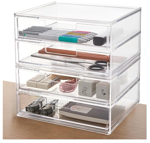 STORi Chloe Space-Saving Clear Drawer Organizer (4 Wide Drawers) Sort Office, Kitchen, Beauty Supplies, Makeup, Pens, Jewelry, Stationary, Made in USA