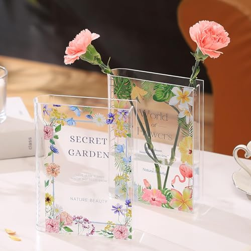 PORPAN Bokvas, akrylbokvas för blommor, bok blomvas klar, bokformad vas, en bok om blomvas, modern dekorativ vas för hem, sovrum, vardagsrum, kontor, set med 2