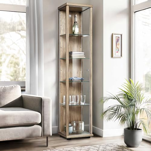 K-Möbel Glasvitrine Stehend (176x37x33cm) - Made in Germany - Vitrinenschrank Sonoma Eiche mit 4 höhenverstellbaren Glasböden - Vitrine Glas stehend - Glasschrank - Display Cabinet
