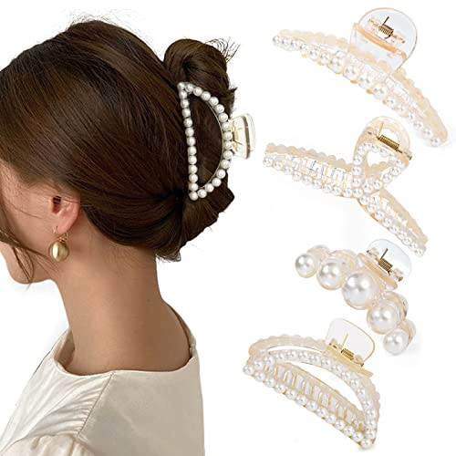 Mehayi 4 Pinzas Grandes de Perlas para el Cabello - Para Mujeres y Niñas, Grueso y Fino - Accesorios de Moda, Herramientas de Peinado para Fiestas, Bodas
