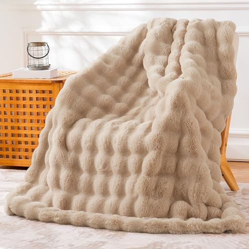 BENVWE Fuskpäls överkast filt fleece bubbla filt, mjuk, mysig och tjock filt plysch fluffig filt för soffa stol säng 130 x 150 cm beige
