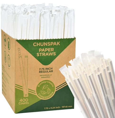Chunspak 7.75 Inch Disposable Paper Drinking Straws Bulk Individually Wrapped, 0.24 Dia. (Plain White, 400 ct.) - Biodegradable and Compostable