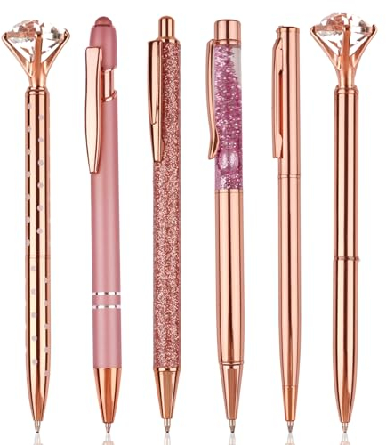 Kugelschreiber Roségold Set - 6 Stück Schöne Glitzer Mit Großem Diamant, Pink, Rosa - Geschenke für Frauen, Mädchen, Brautjungfer, Hochzeit, Büro