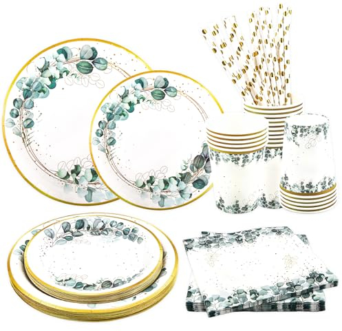 Aitsite Lot de 100 assiettes de fête en feuille d'eucalyptus pour 20 invités - Feuille d'eucalyptus - Vaisselle d'anniversaire - Assiettes, gobelets, serviettes