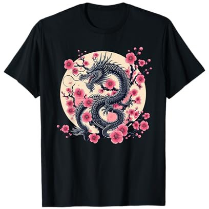 Dragon chinois vintage art asiatique fleur de cerisier fleur rose T-Shirt
