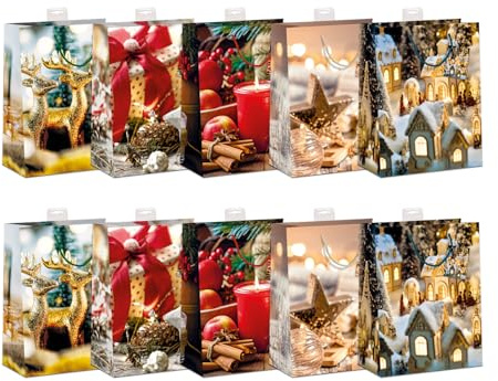 Geschenktüten Weihnachten DIN A5 | Stabiler Boden, Randverstärkung & Karte | Geschenktaschen Weihnachten, Weihnachtstüten | 18x23x10cm | FSC®-zertifiziertes Papier (150 g/m²) | 10 Stück