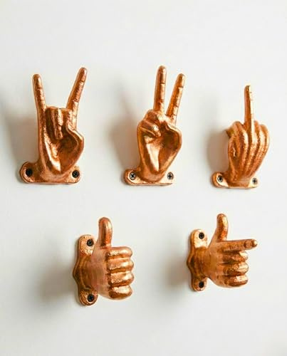 AYZCORP Set of 5 Hand Gesture Decorative Wall Hooks, 4 Inches High-Peace Sign-Rock On-Fun Finger-Thumbs up & Pointing Finger Gestures. Unique Stylish Key or Towel Hangers (Copper)
